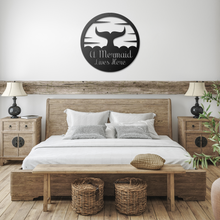 Load image into Gallery viewer, A_Mermaid_Lives_Here_Metal_Sign_Black_Farmhouse_Bedroom_Mockup.png