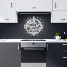 Load image into Gallery viewer, A_Salty_Mermaid_Metal_Sign_Silver_Dark_Kitchen_Mockup.png
