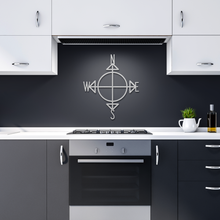 Load image into Gallery viewer, Compass_Metal_Sign_Silver_Dark_Kitchen_Mockup.png