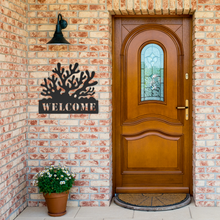 Load image into Gallery viewer, Coral_Welcome_Metal_Sign_Black_Brick_Entrance_Mockup.png