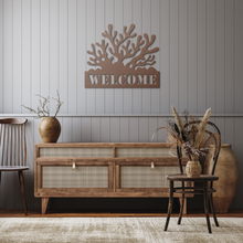 Load image into Gallery viewer, Coral_Welcome_Metal_Sign_Copper_Rustic_Hallway_Mockup.png