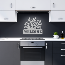 Load image into Gallery viewer, Coral_Welcome_Metal_Sign_Silver_Dark_Kitchen_Mockup.png