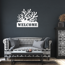 Load image into Gallery viewer, Coral_Welcome_Metal_Sign_White_Dark_Living_Room_Mockup.png