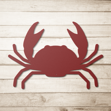 Load image into Gallery viewer, Crab_Metal_Sign_Red_Simple_Wood_BKGD_Mockup.png