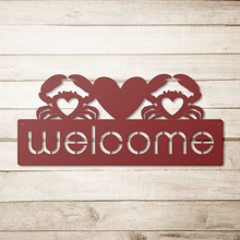 Load image into Gallery viewer, Crab_Welcome_Sign_Red_Simple_Wood_BKGD_Mockup.png