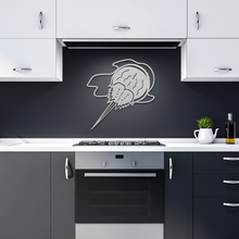 Load image into Gallery viewer, Horseshoe_Crab_Metal_Wall_Art_Silver_Dark_Kitchen_Mockup.png