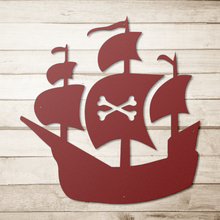 Load image into Gallery viewer, Pirate_Ship_Metal_Sign_Red_Simple_Wood_BKGD_Mockup.png