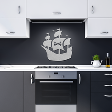 Load image into Gallery viewer, Pirate_Ship_Metal_Sign_Silver_Dark_Kitchen_Mockup.png