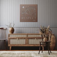 Load image into Gallery viewer, Respect_Horseshoe_Crab_Metal_Sign_Copper_Rustic_Hallway_Mockup.png
