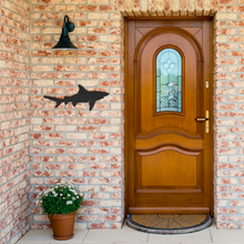 Load image into Gallery viewer, Shark_Metal_Sign_Black_Brick_Entrance_Mockup.png