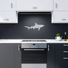 Load image into Gallery viewer, Shark_Metal_Sign_Silver_Dark_Kitchen_Mockup.png