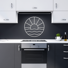 Load image into Gallery viewer, Sun_Metal_Sign_Silver_Dark_Kitchen_Mockup.png