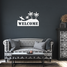 Load image into Gallery viewer, Surf_Welcome_Metal_Sign_White_Dark_Living_Room_Mockup.png