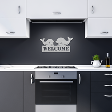 Load image into Gallery viewer, Whale_Welcome_Metal_Sign_Silver_Dark_Kitchen_Mockup.png