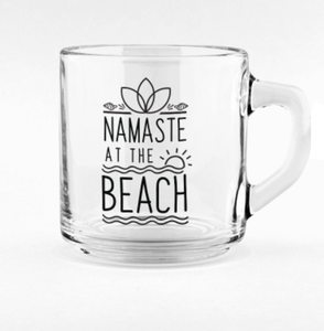 Namaste At The Beach Clear Glass Mug with Handle, 10oz