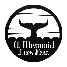 Load image into Gallery viewer, A_Mermaid_Lives_Here_Metal_Sign_Black_Transparent_Mockup.png
