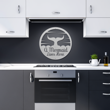 Load image into Gallery viewer, A_Mermaid_Lives_Here_Metal_Sign_Silver_Dark_Kitchen_Mockup.png
