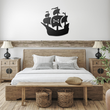 Load image into Gallery viewer, Pirate_Ship_Metal_Sign_Black_Farmhouse_Bedroom_Mockup.png
