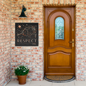 Respect_Horseshoe_Crab_Metal_Sign_Black_Brick_Entrance_Mockup.png