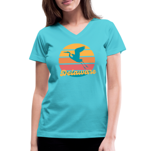 Heron Women's V-Neck T-Shirt 1 Side- Canalside Inn Collection - aqua